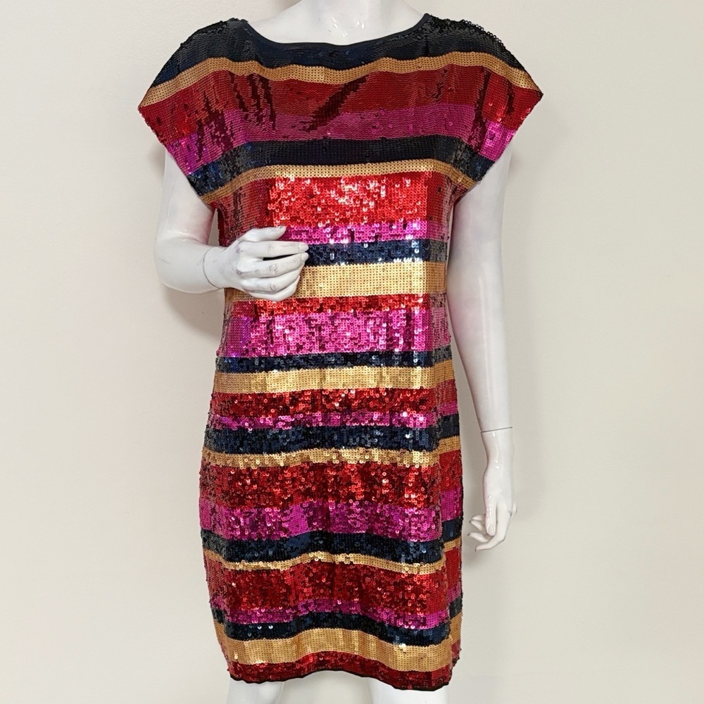 Trina Turk Multicolor Sequin Striped Boatneck Short Sleeve Mini Shift Dress